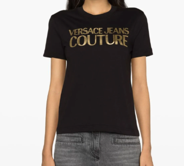 Playera para mujer Versace Jeans Couture negra logo oro lentejuelas